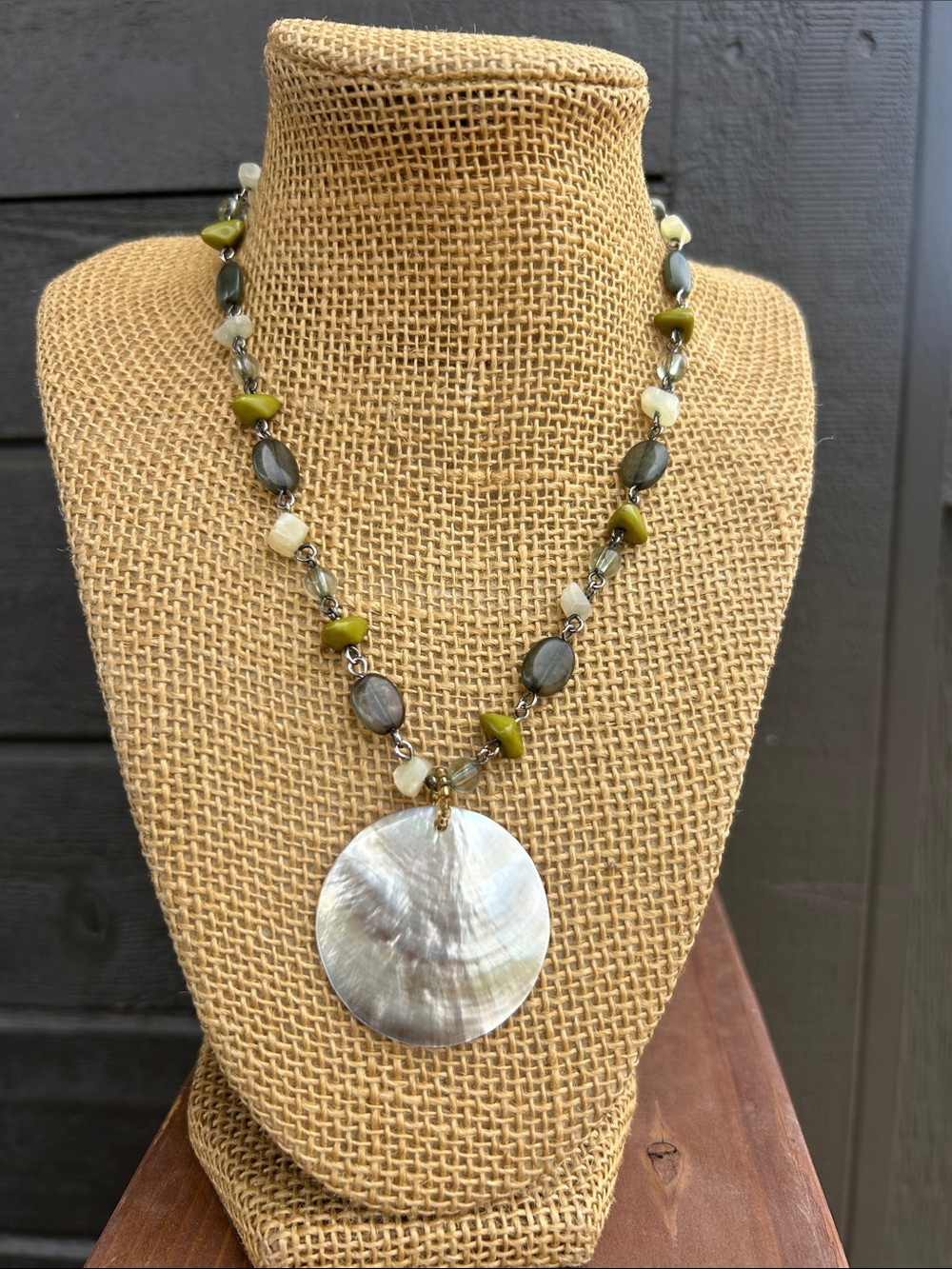 Artisan Mother of Pearl Pendant Necklace with Prehnite & Quartz Stone